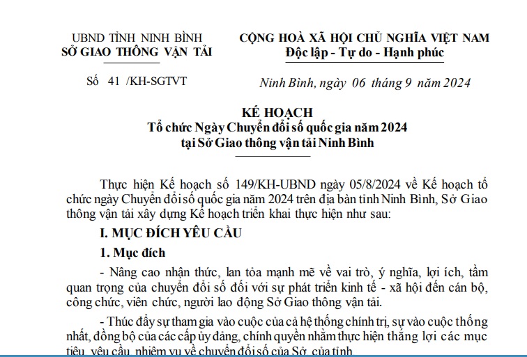 Kế hoạch tổ chức Ngày Chuyển đổi số năm 2024 tại Sở Giao thông vận tải Ninh Bình