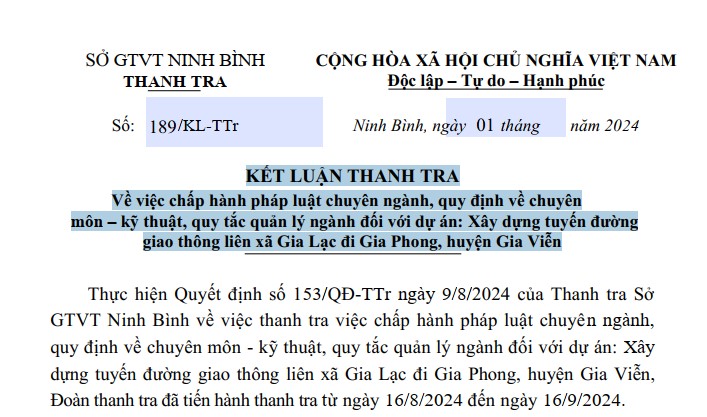 KẾT LUẬN THANH TRA Về việc chấp hành pháp luật chuyên ngành, quy định về chuyên môn – kỹ thuật, quy tắc quản lý ngành đối với dự án: Xây dựng tuyến đường giao thông liên xã Gia Lạc đi Gia Phong, huyện Gia Viễn